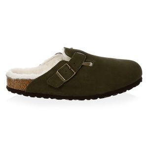Birkenstock Boston Forest Green Suede Shearling Clogs